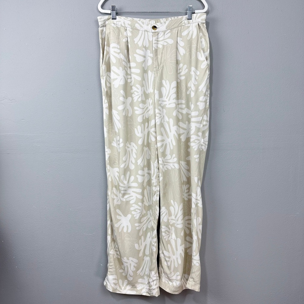 Roark Wide Leg Pants Size L Beige Floral Tropical Boho Vacation Summer Casual‎